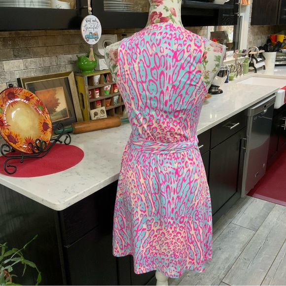 JB by Julie Brown Pink & Blue Lizzy Meow Leopard Print Wrap Dress XS New W/Tags - Picture 6 of 16